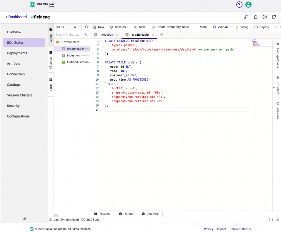 SQL Script to create a Paimon catalog and one table.