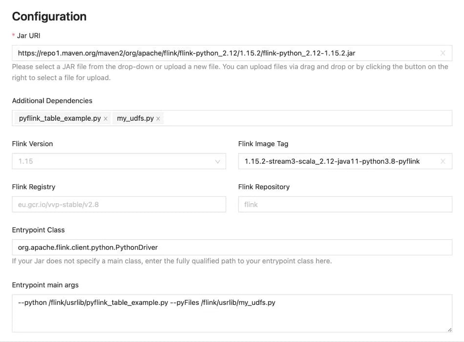 Ververica platform configuration pyflink